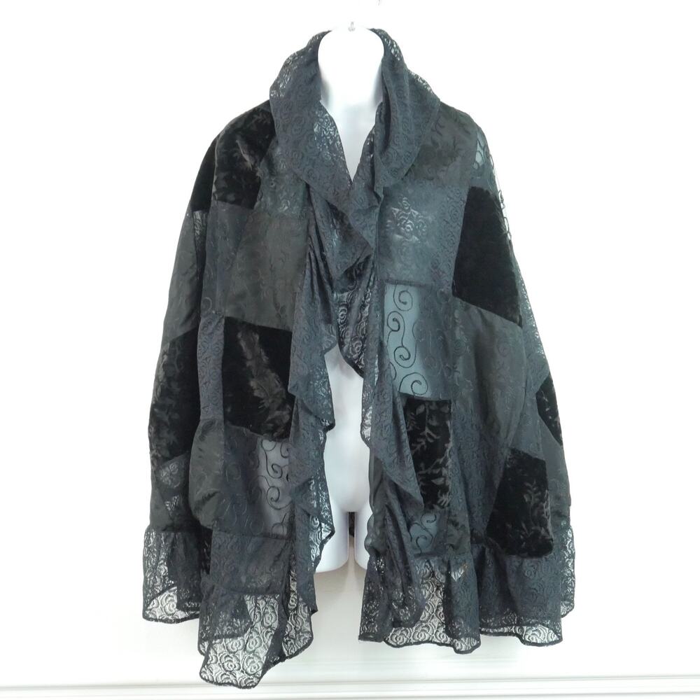 Vintage Mary McFadden Shawl Wrap Sheer Black Patchwork Velvet Lace Whimsigoth